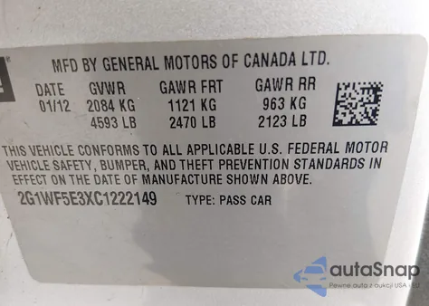 2012 Chevrolet Impala Ls z USA, uszkodzony, nr VIN 2G1WF5E3XC1222149